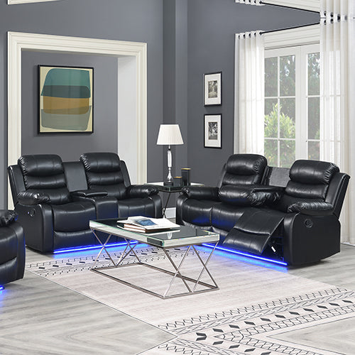 P&F SkyWay 3+2 Seater Finest Black Leatherette Recliner Feature Console LED Light Ultra Cushioned