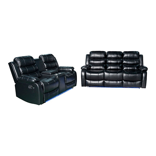 P&F SkyWay 3+2 Seater Finest Black Leatherette Recliner Feature Console LED Light Ultra Cushioned