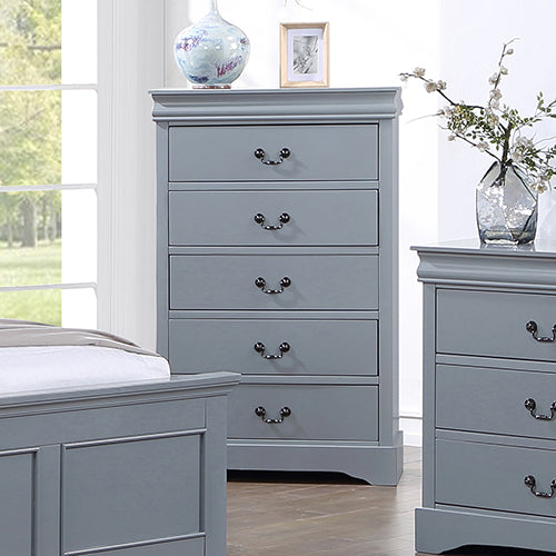 P&F ZennHome Tallboy with 5 Storage Drawers in Solid Wooden Metal Handles Grey Colour