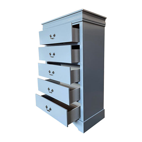 P&F ZennHome Tallboy with 5 Storage Drawers in Solid Wooden Metal Handles Grey Colour