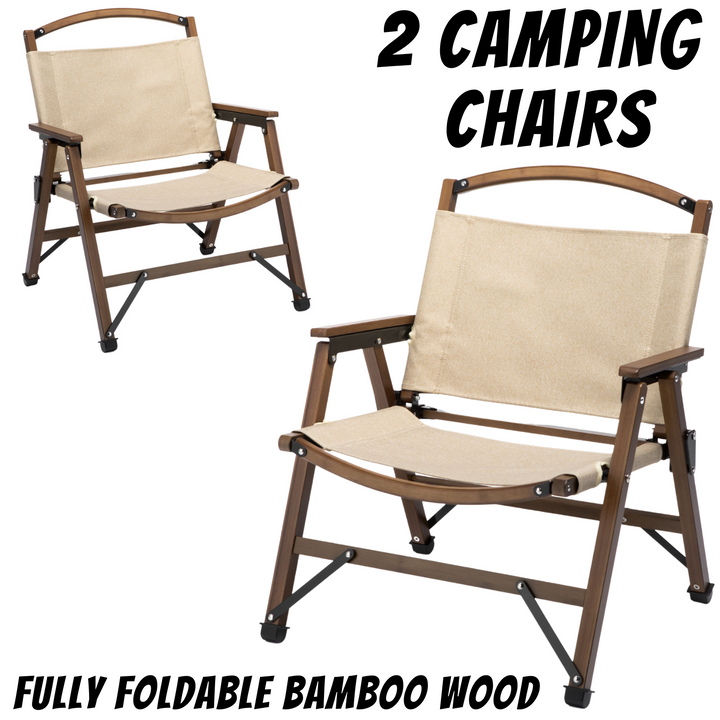 P&F ZennHome 2x Bamboo Foldable Outdoor Camping Chair Wooden Travel Picnic Park Folding - Khaki/Beige