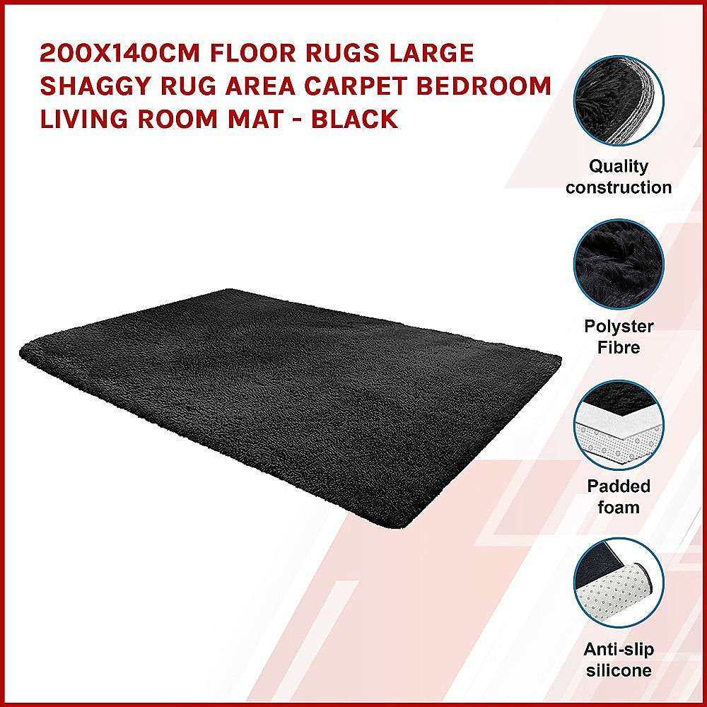 P&F ZennHome Floor Rugs 200cm x 140cm Large Shaggy Rug Area Carpet Bedroom Living Room Mat - Black