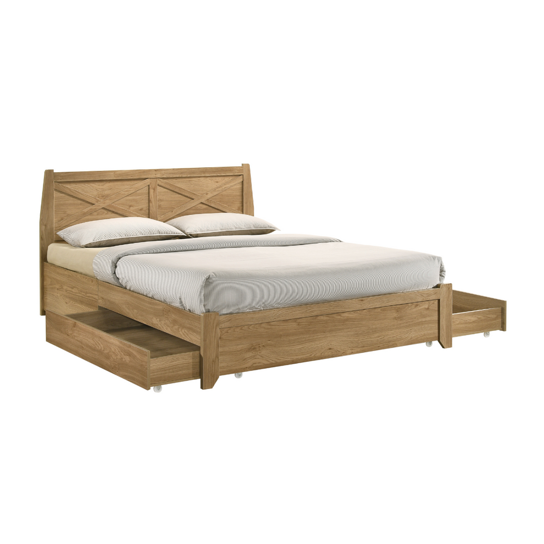 P&F Mica Natural Wooden Bed Frame with Storage Drawers Double