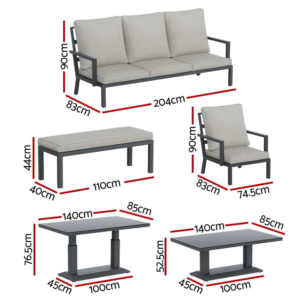 P&F ZennHome Outdoor Sofa 7-Seater Lounge Set Garden Patio Aluminium Bench w/Cushions