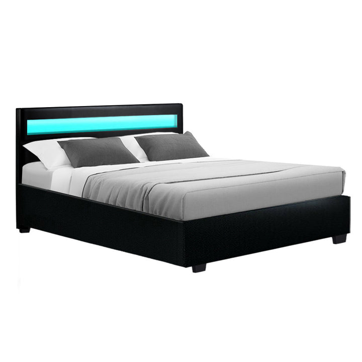 P&F SkyWay Cole LED Bed Frame PU Leather Gas Lift Storage - Black Double