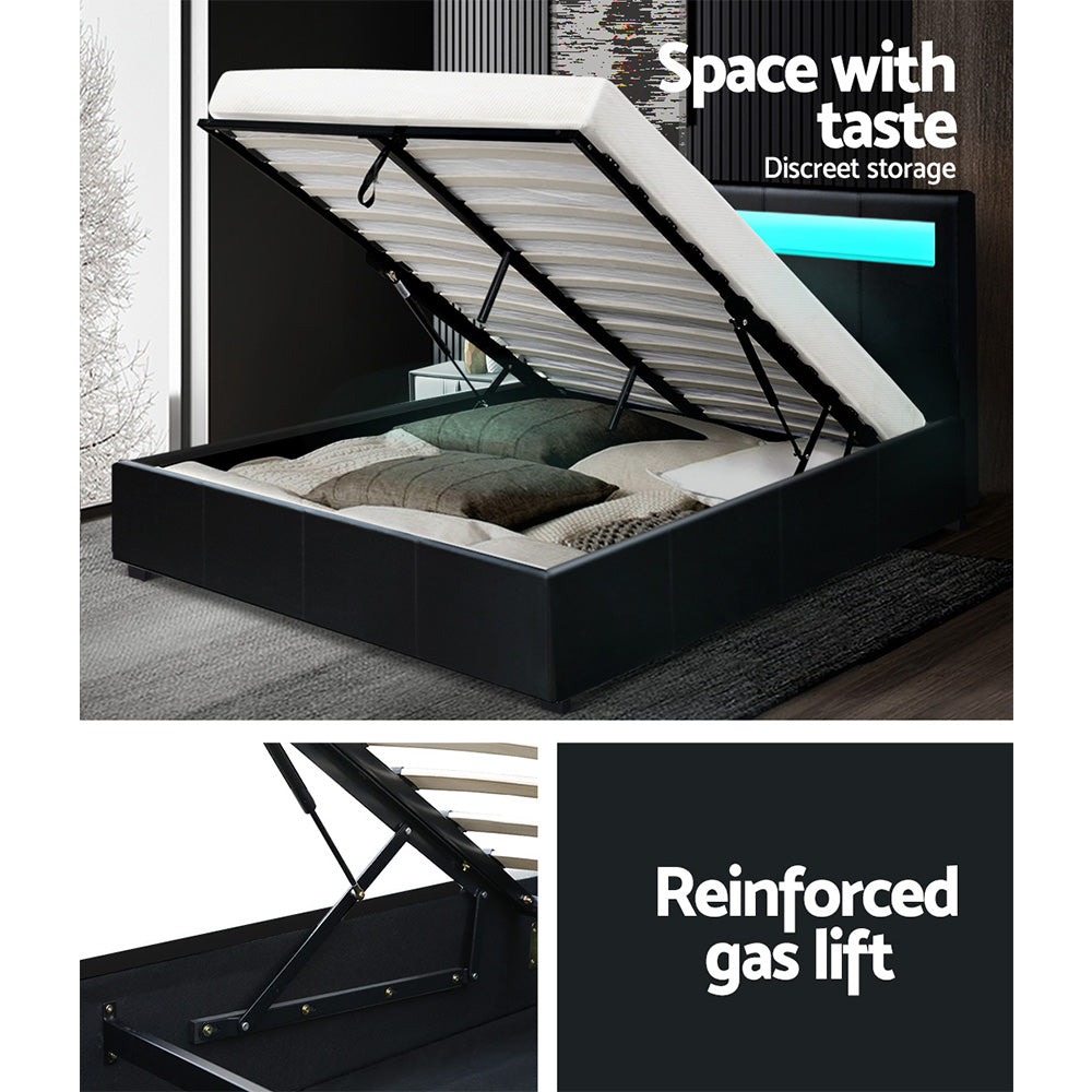 P&F SkyWay Cole LED Bed Frame PU Leather Gas Lift Storage - Black Double