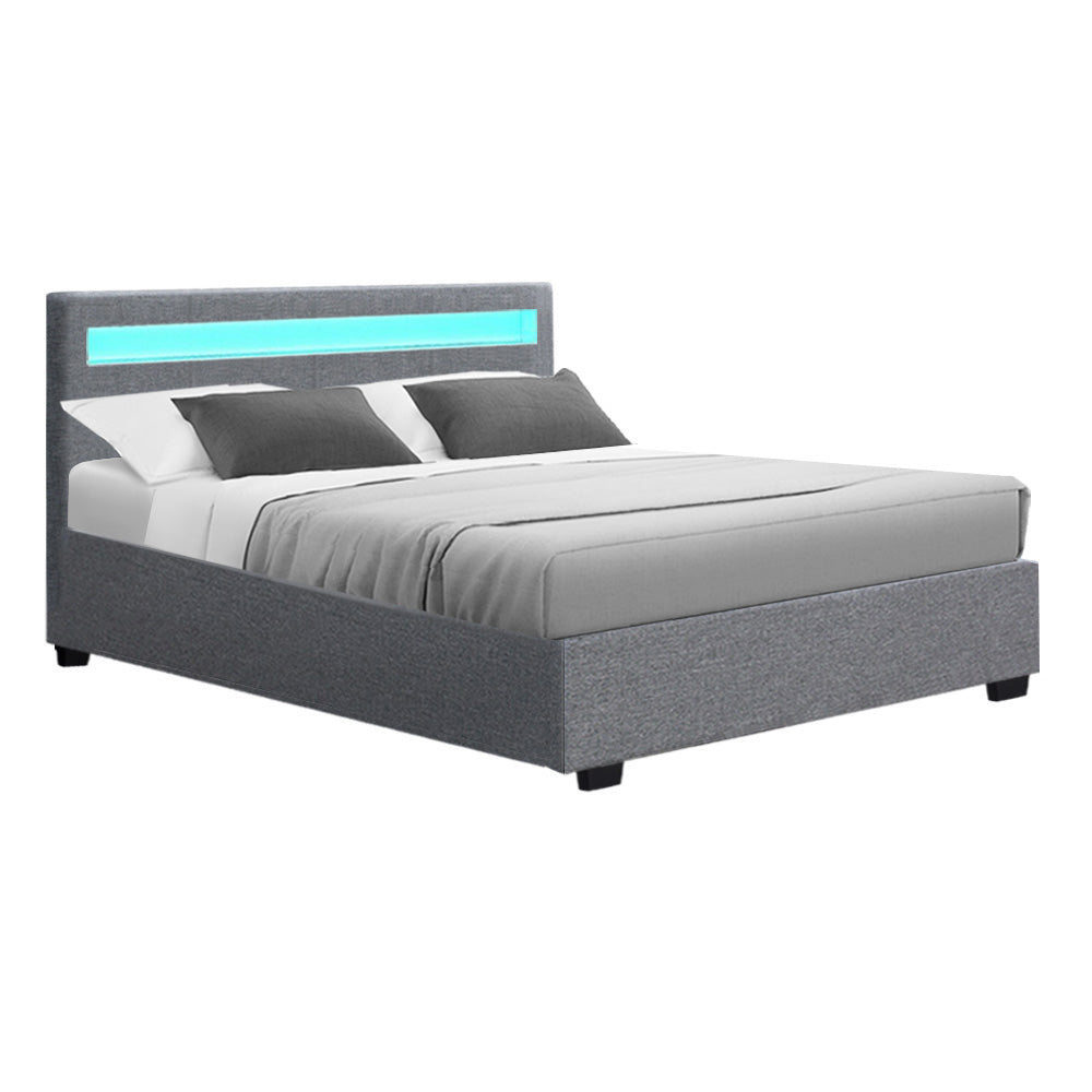 P&F SkyWay Bed Frame Double Size Gas Lift RGB LED Bedbase Grey Glacier