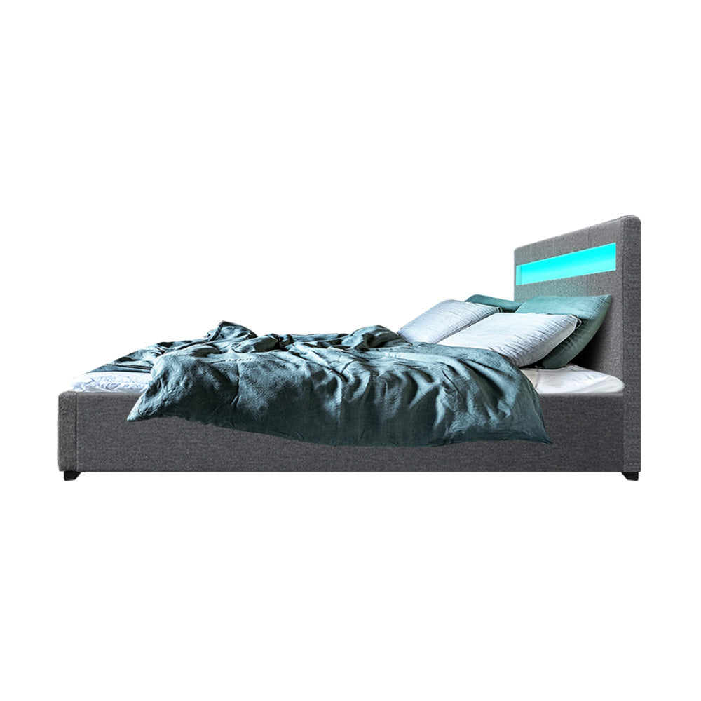 P&F SkyWay Bed Frame Double Size Gas Lift RGB LED Bedbase Grey Glacier