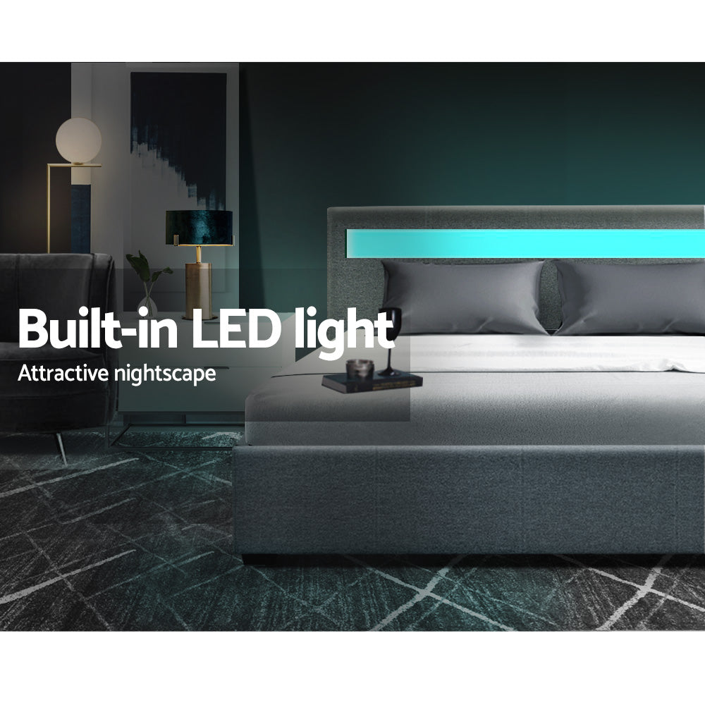 P&F SkyWay Bed Frame Double Size Gas Lift RGB LED Bedbase Grey Glacier