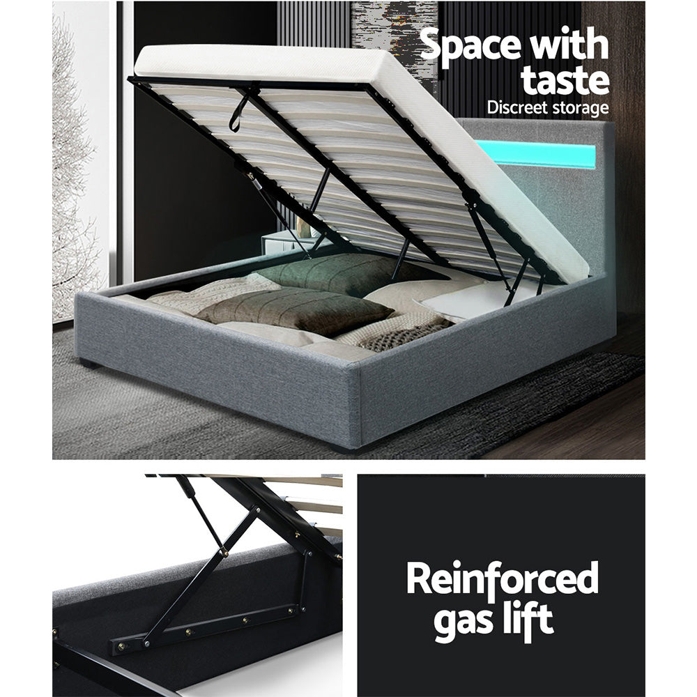 P&F SkyWay Bed Frame Double Size Gas Lift RGB LED Bedbase Grey Glacier