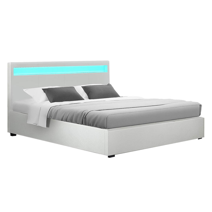 P&F SkyWay Bed Frame Double Size Gas Lift RGB LED White Glacier