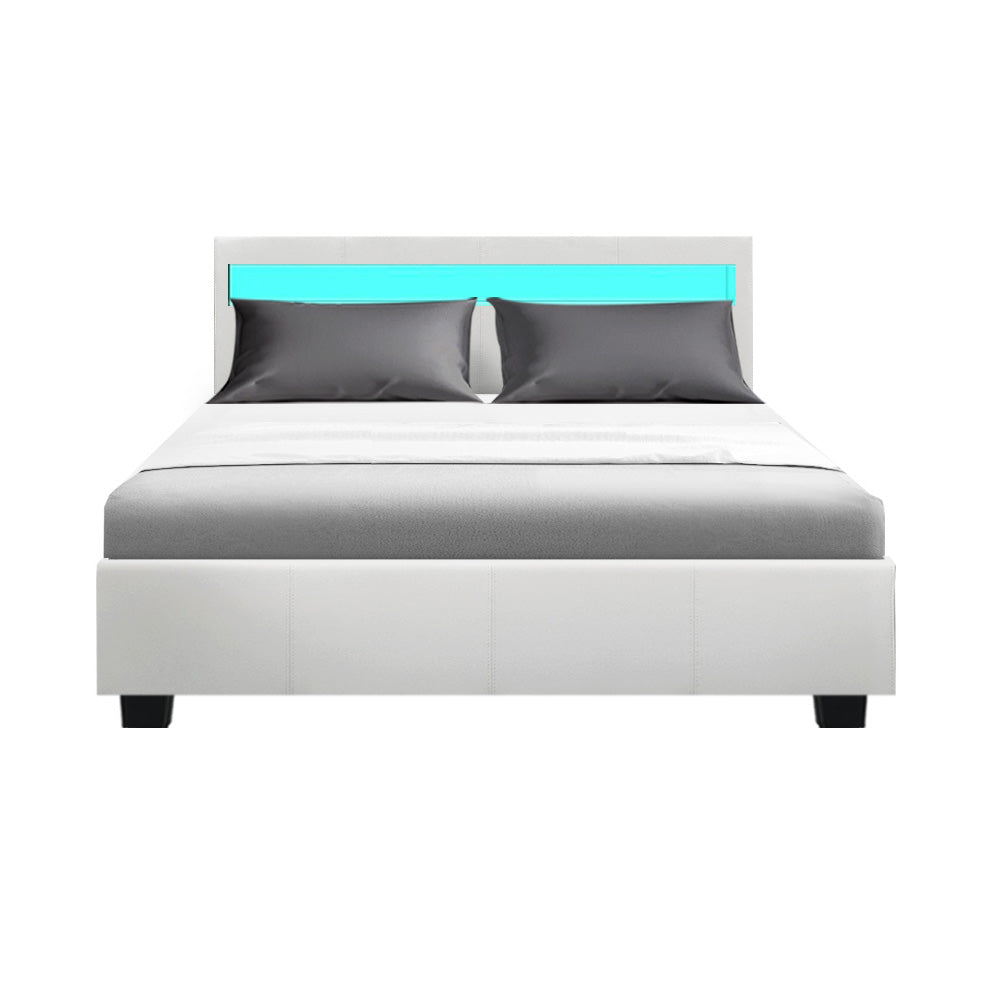 P&F SkyWay Bed Frame Double Size Gas Lift RGB LED White Glacier