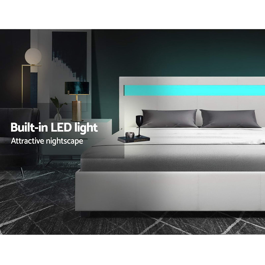 P&F SkyWay Bed Frame Double Size Gas Lift RGB LED White Glacier