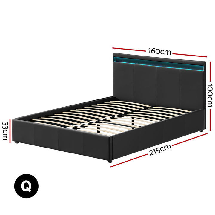 P&F SkyWay Cole LED Bed Frame PU Leather Gas Lift Storage - Black Queen