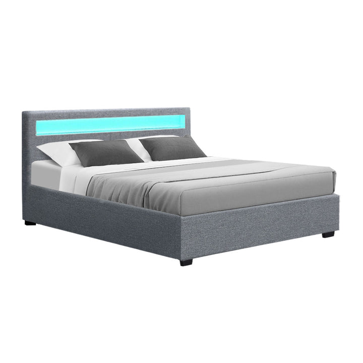 P&F SkyWay LED Top Bed Frame Fabric Gas Lift Storage - Grey Queen