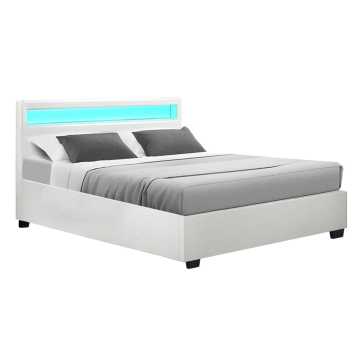 P&F SkyWay LED Bed Frame PU Leather Gas Lift Storage - White Queen