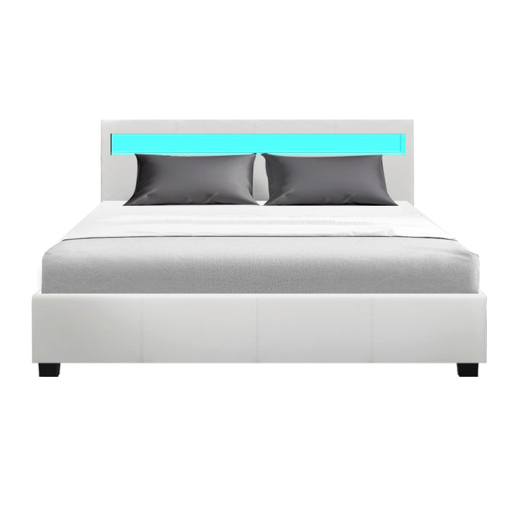 P&F SkyWay LED Bed Frame PU Leather Gas Lift Storage - White Queen