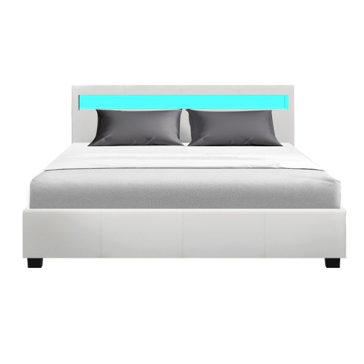 P&F SkyWay LED Bed Frame PU Leather Gas Lift Storage - White Queen