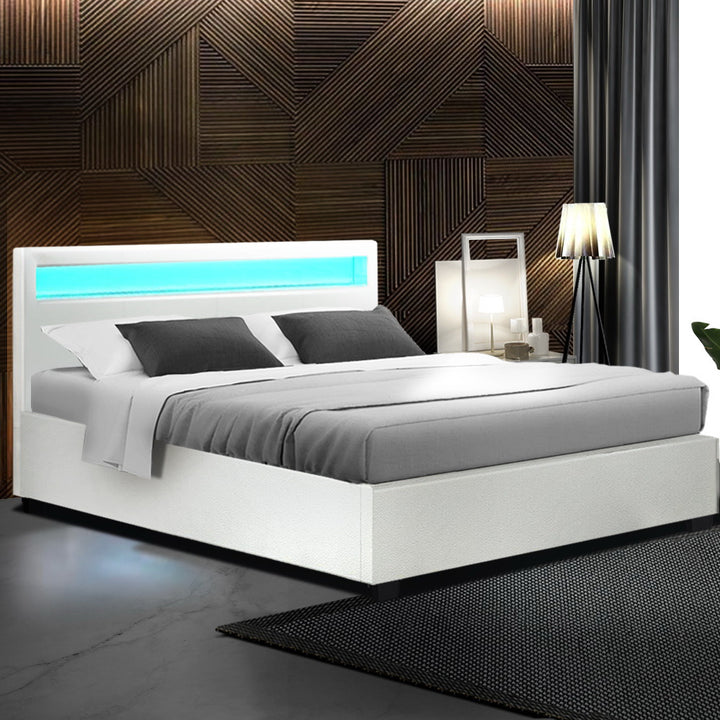 P&F SkyWay LED Bed Frame PU Leather Gas Lift Storage - White Queen