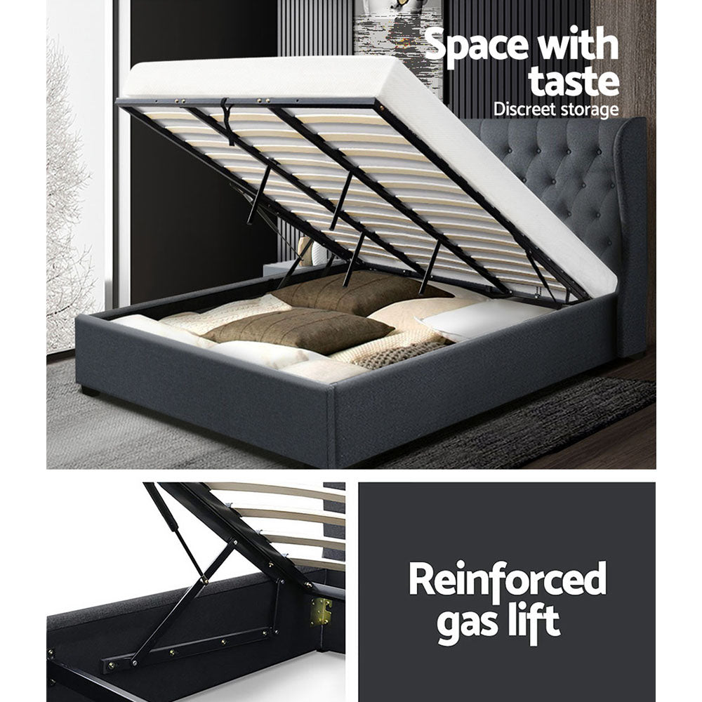 P&F FabSeries Issa Bed Frame Fabric Gas Lift Storage - Charcoal King