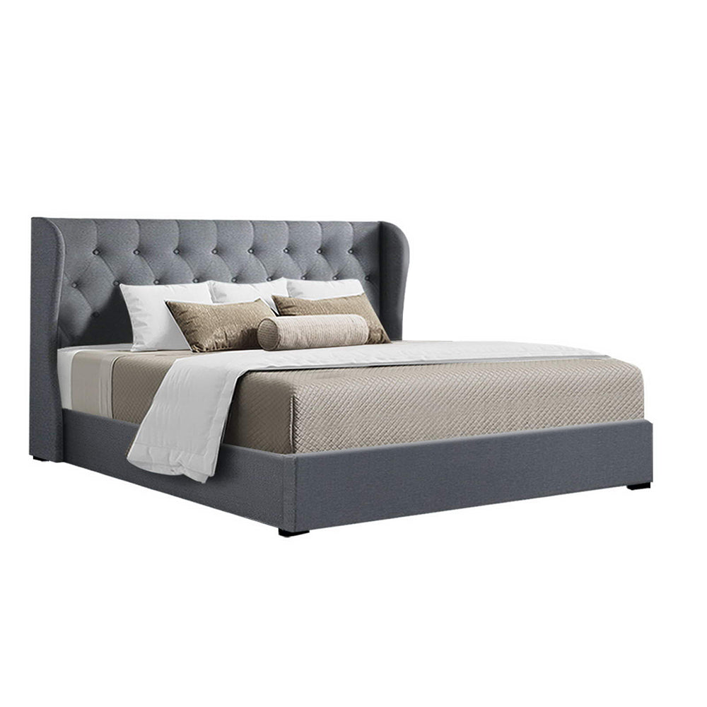 P&F FabSeries Button Bed Frame Fabric Gas Lift Storage - Grey King