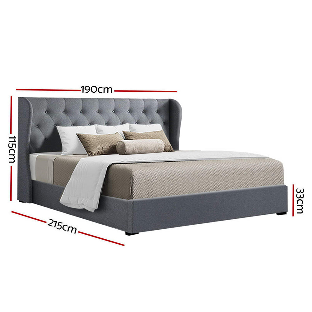 P&F FabSeries Button Bed Frame Fabric Gas Lift Storage - Grey King