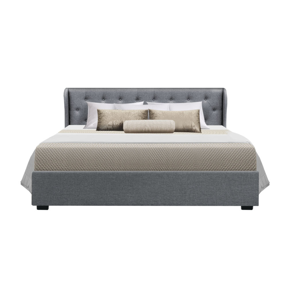 P&F FabSeries Button Bed Frame Fabric Gas Lift Storage - Grey King