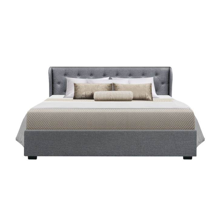 P&F FabSeries Button Bed Frame Fabric Gas Lift Storage - Grey King