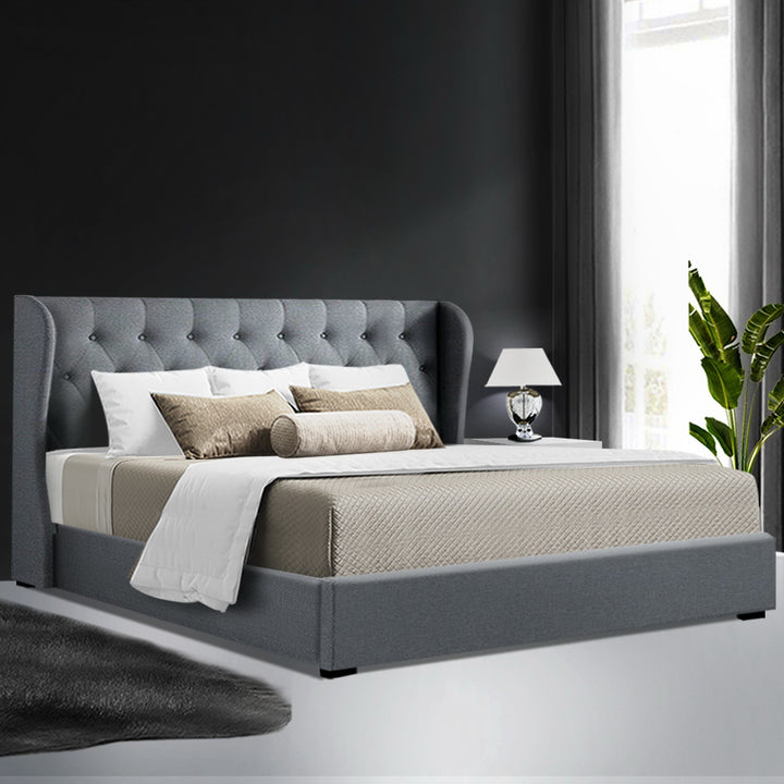 P&F FabSeries Button Bed Frame Fabric Gas Lift Storage - Grey King