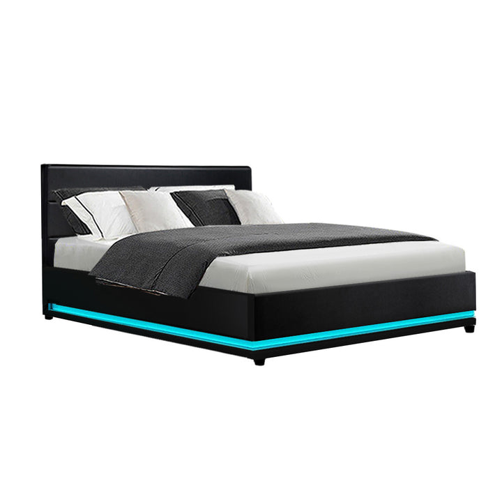 P&F SkyWay Lumi LED Bed PU Leather w/Storage - Black Double