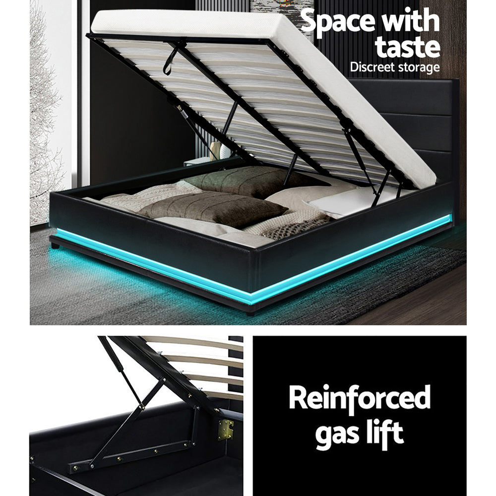 P&F SkyWay Lumi LED Bed PU Leather w/Storage - Black Double