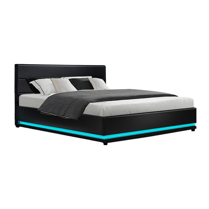 P&F SkyWay Lumi LED Bed Frame PU Leather Gas Lift Storage - Black King