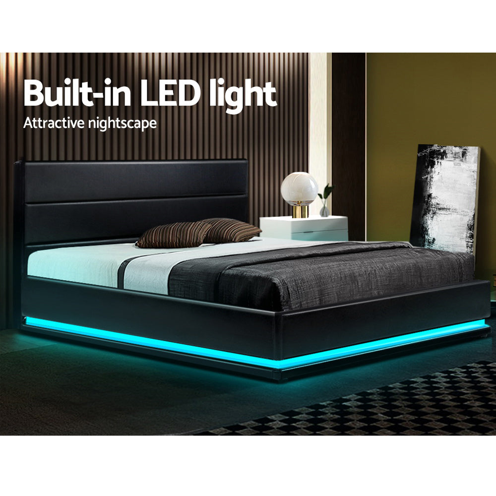 P&F SkyWay Lumi LED Bed Frame PU Leather Gas Lift Storage - Black King