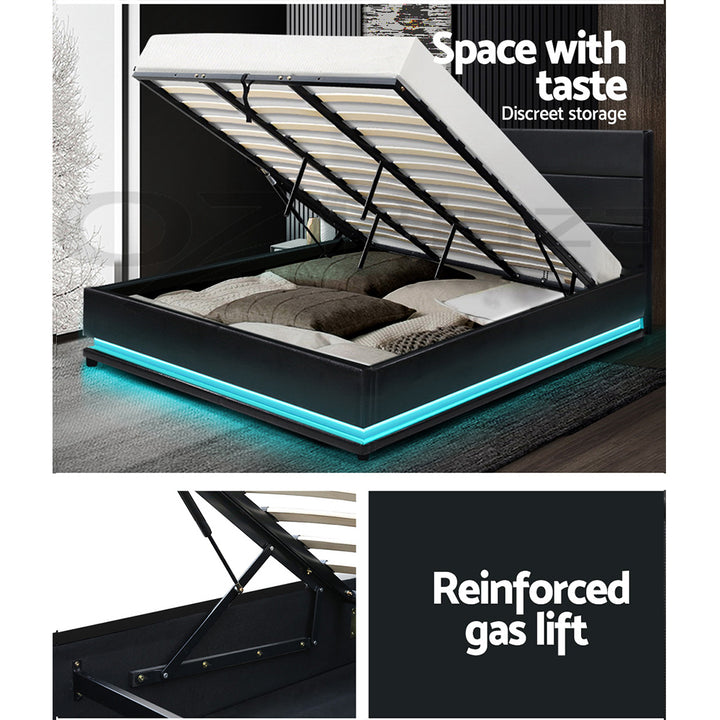 P&F SkyWay Lumi LED Bed Frame PU Leather Gas Lift Storage - Black King