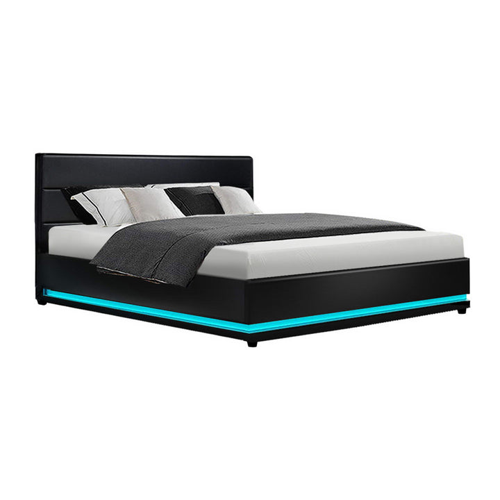 P&F SkyWay Lumi LED Bed Frame PU Leather Gas Lift Storage - Black Queen