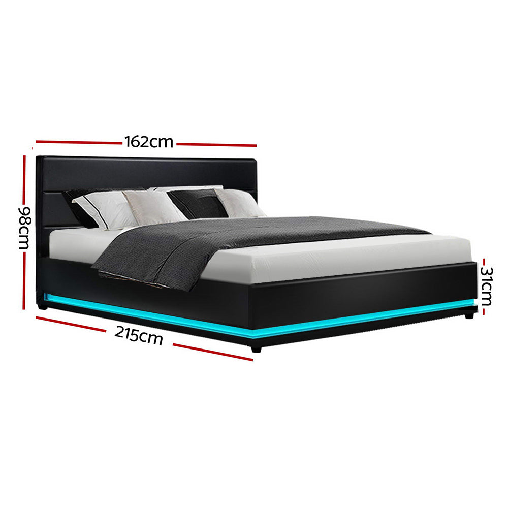 P&F SkyWay Lumi LED Bed Frame PU Leather Gas Lift Storage - Black Queen