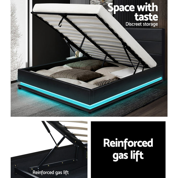 P&F SkyWay Lumi LED Bed Frame PU Leather Gas Lift Storage - Black Queen