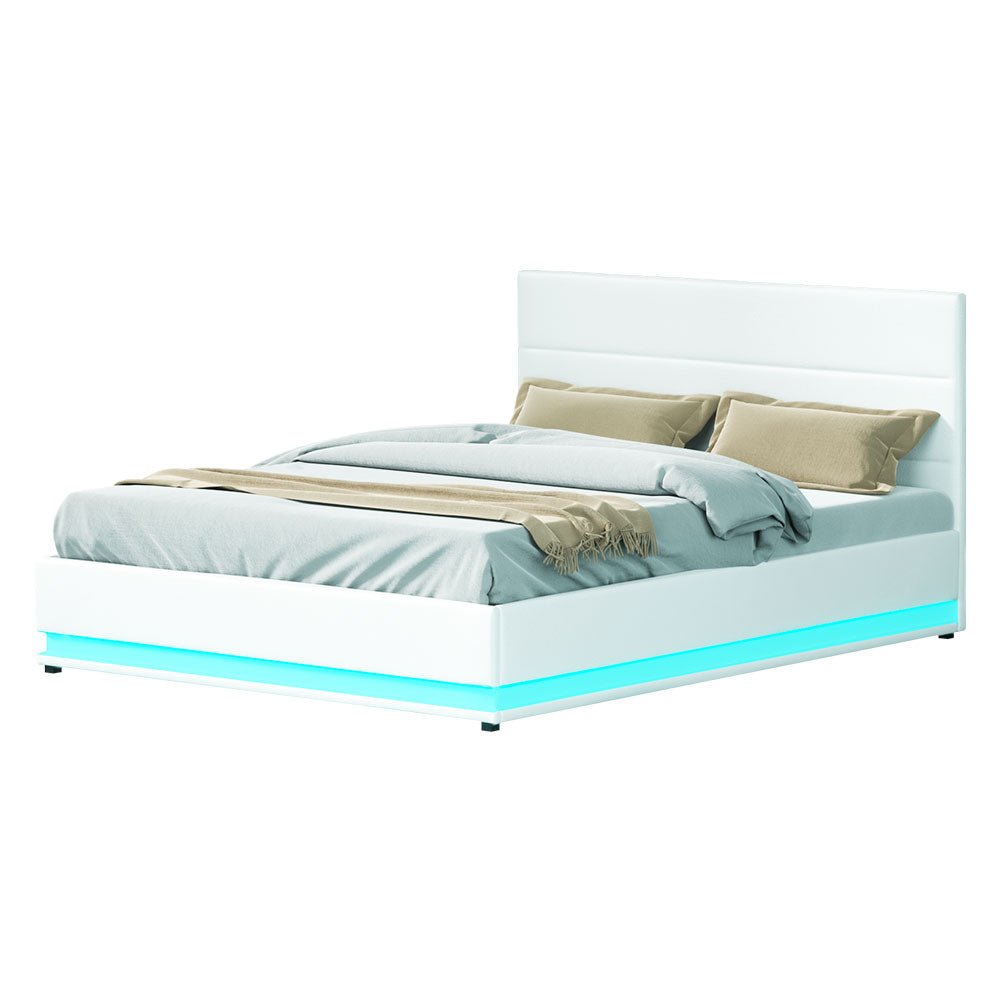 P&F SkyWay Lumi LED Bed Frame PU Leather Gas Lift Storage - White Queen