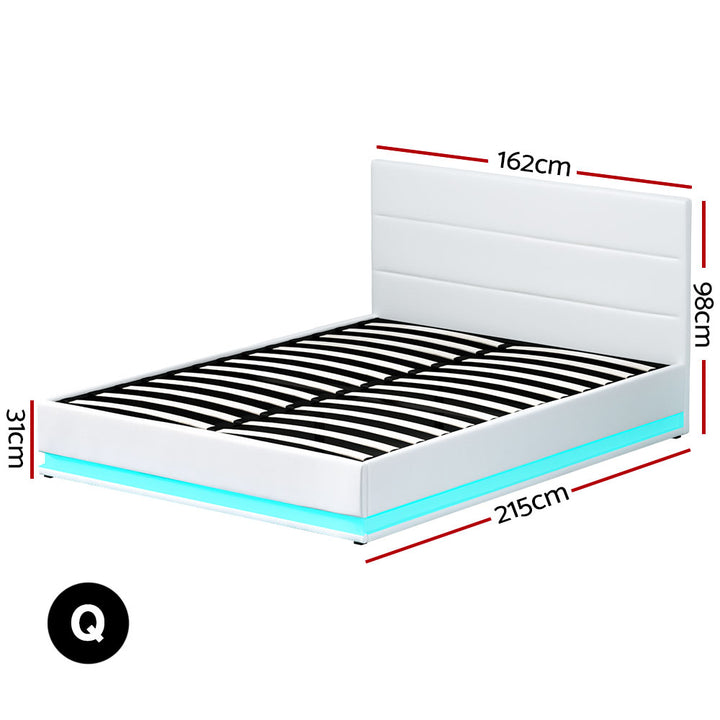 P&F SkyWay Lumi LED Bed Frame PU Leather Gas Lift Storage - White Queen