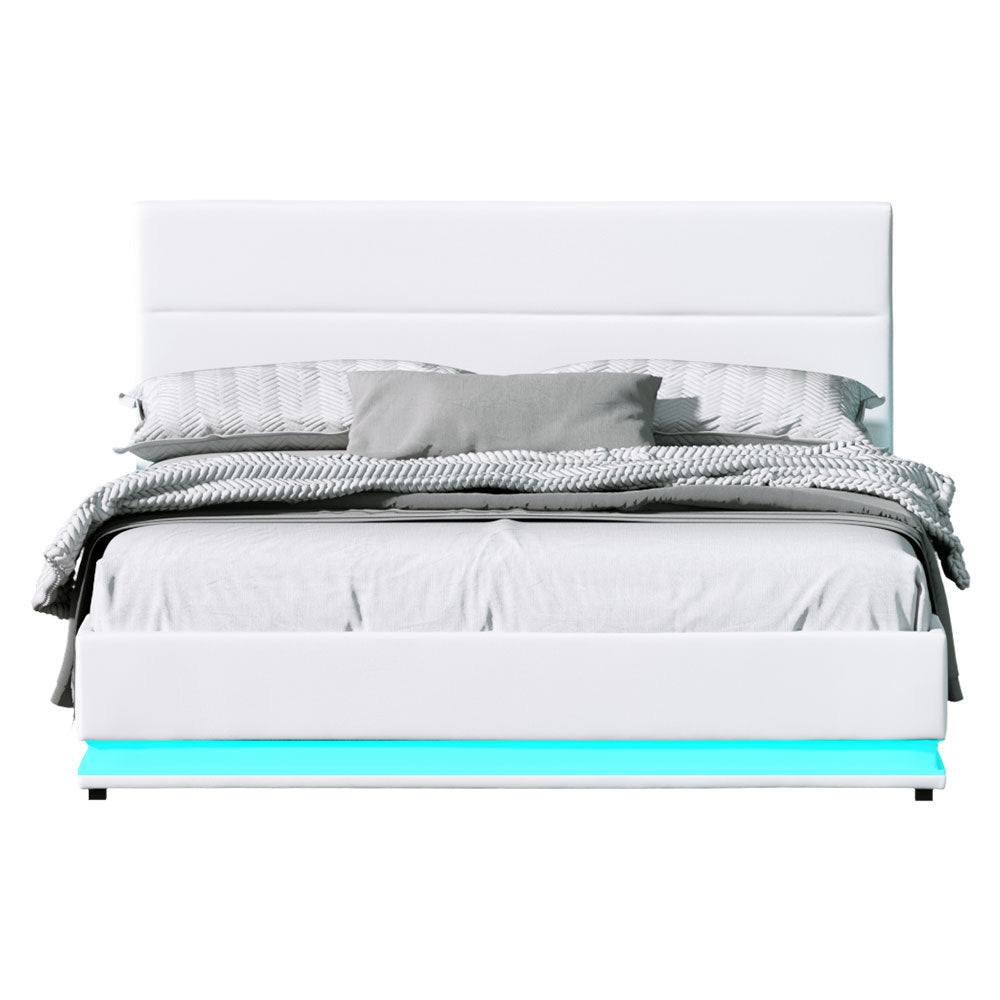 P&F SkyWay Lumi LED Bed Frame PU Leather Gas Lift Storage - White Queen