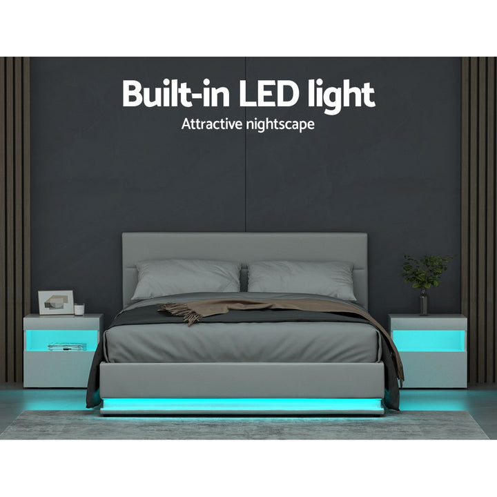 P&F SkyWay Lumi LED Bed Frame PU Leather Gas Lift Storage - White Queen