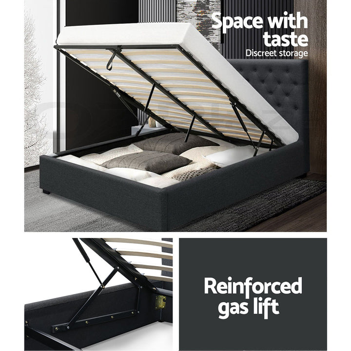 P&F FabSeries Bed Frame Double Size Gas Lift w/ Storage Charcoal Fabric