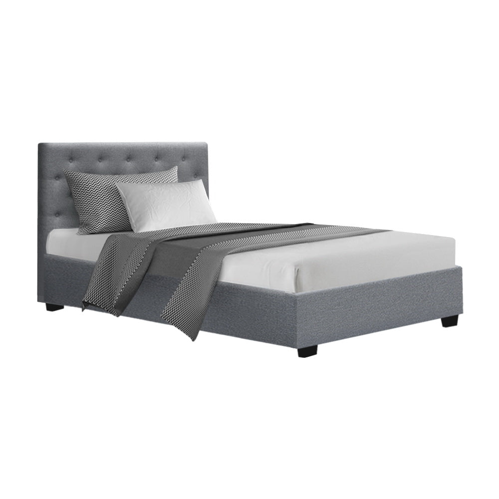 P&F SkyWay Vila Bed Frame Fabric Gas Lift Storage - Grey King Single