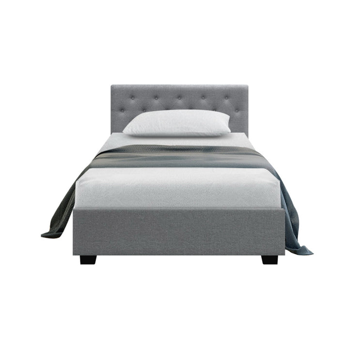 P&F SkyWay Vila Bed Frame Fabric Gas Lift Storage - Grey King Single