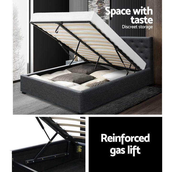 P&F FabSeries Vila Bed Frame Fabric Gas Lift Storage - Charcoal Queen