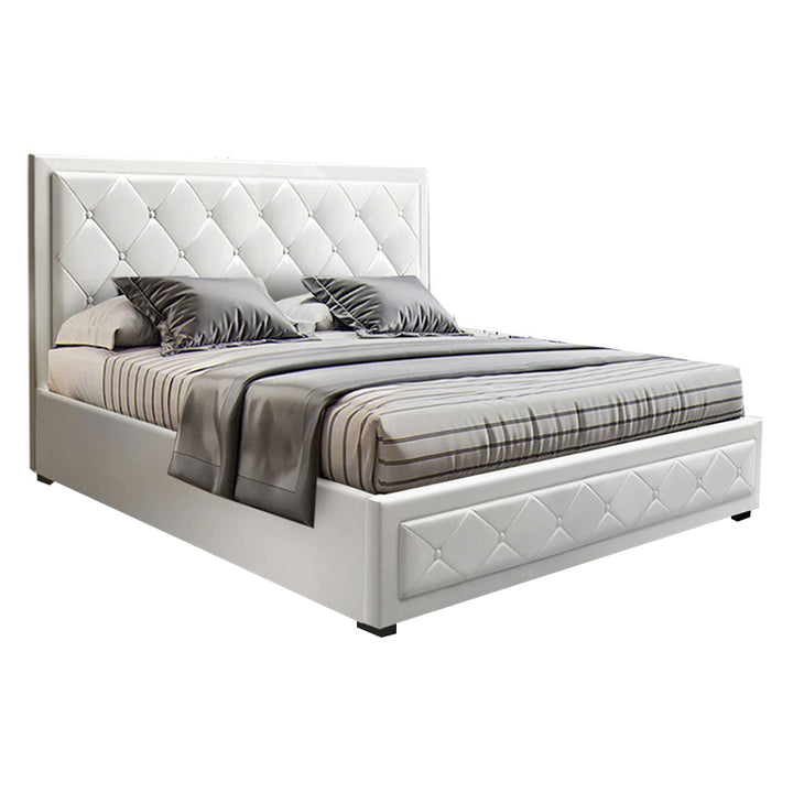 P&F FabSeries  Bed Frame PU Leather Gas Lift Storage - White Double