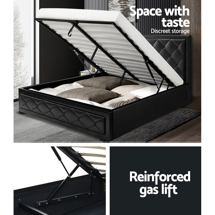 P&F ZennHome Bed Frame Double Size Gas Lift Storage Black Leather