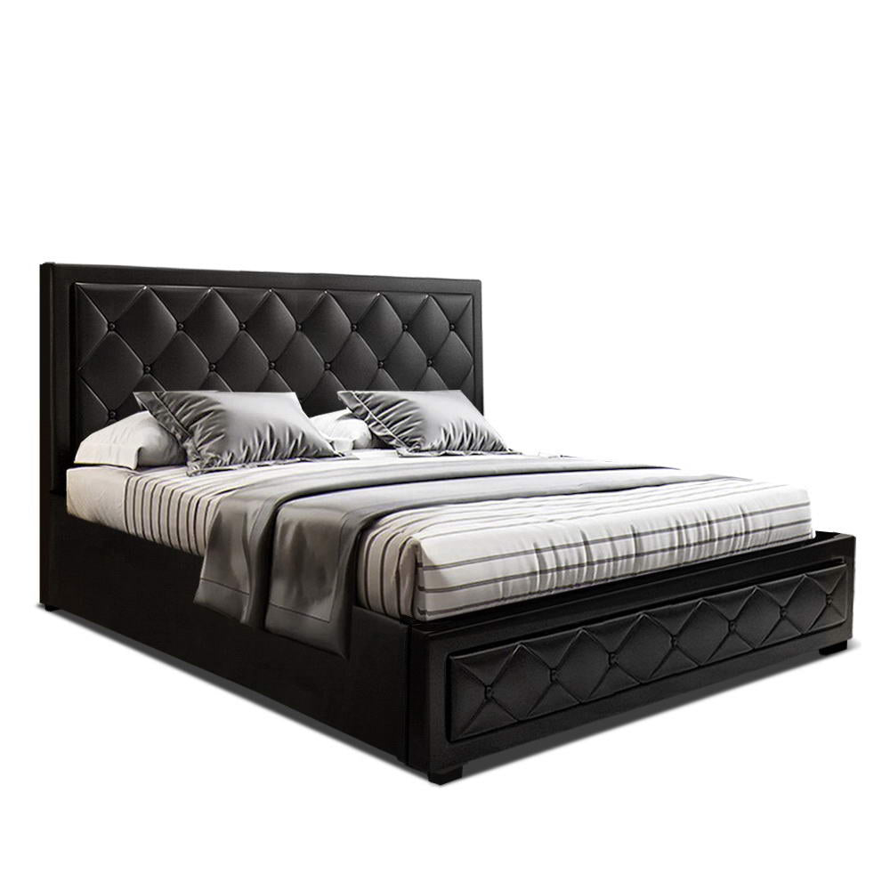 P&F FabSeries Bed Frame PU Leather Gas Lift Storage - Black Queen