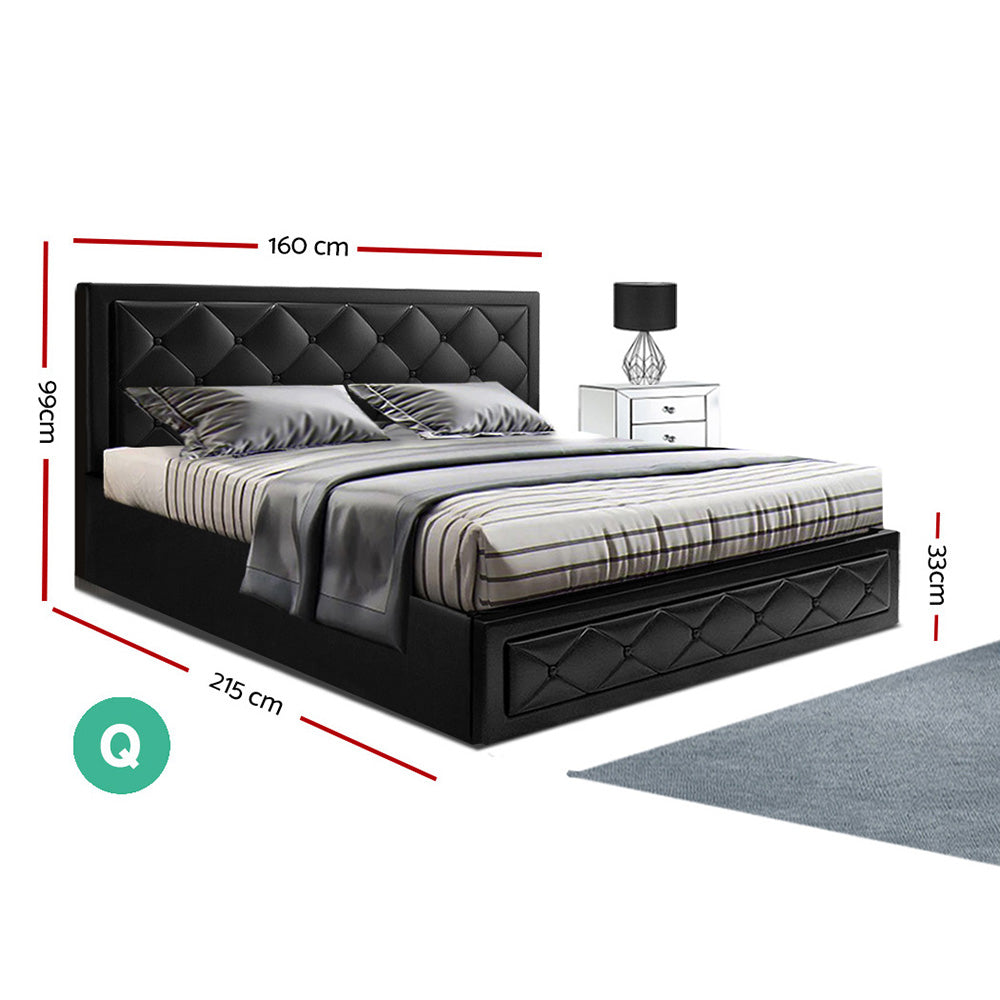 P&F FabSeries Bed Frame PU Leather Gas Lift Storage - Black Queen