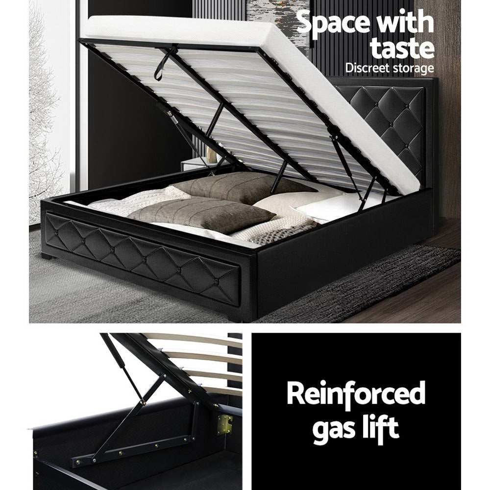 P&F FabSeries Bed Frame PU Leather Gas Lift Storage - Black Queen